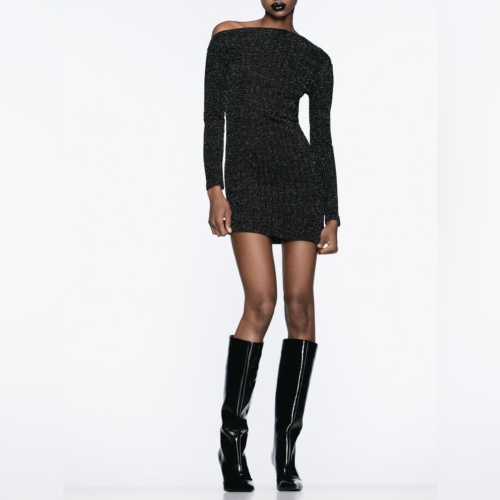 Zara Metallic Knit Mini Dress in Black/Silver - Size M